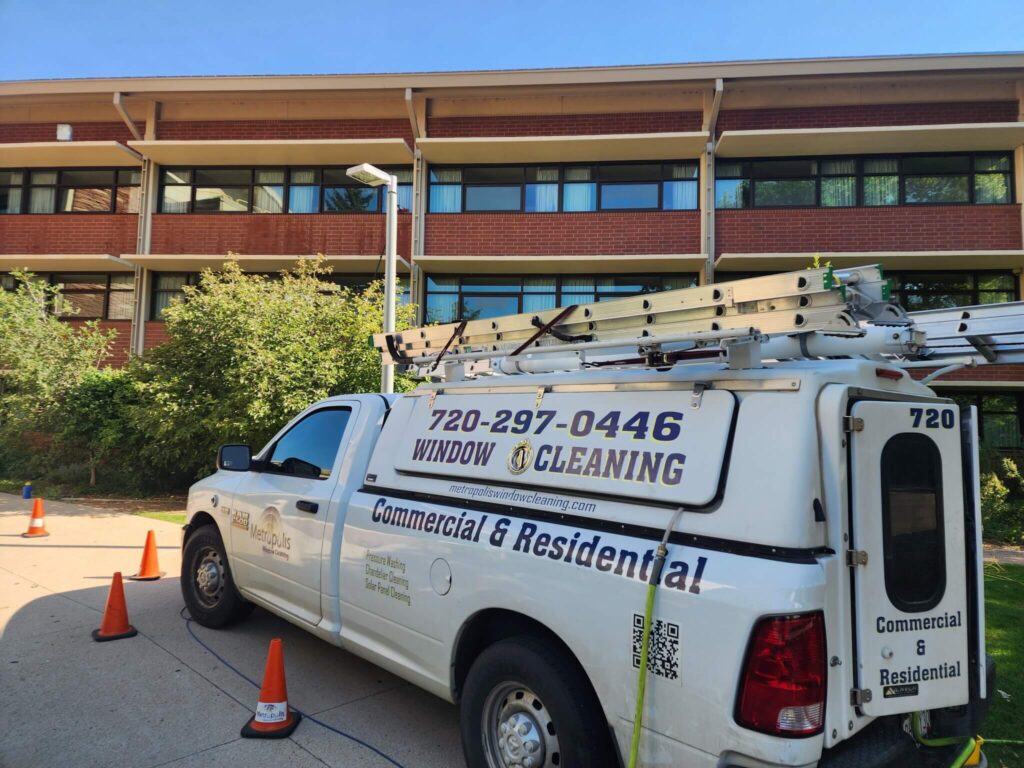 metropolis truck at commercial window cleaning job in Loveland CO